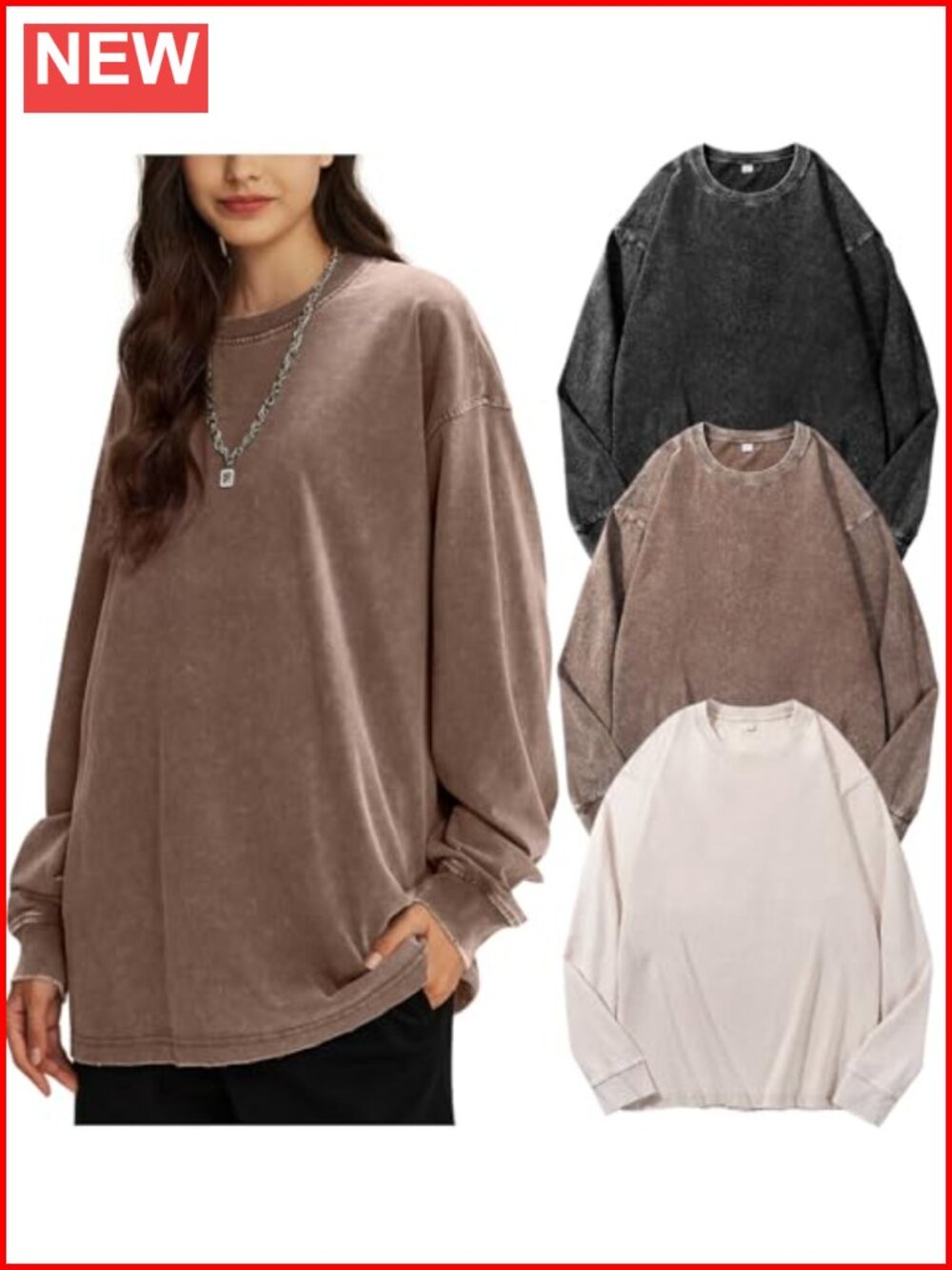 Oversized Long Sleeve Tee for Women Acid Wash 100% Cotton Unisex Crew Neck